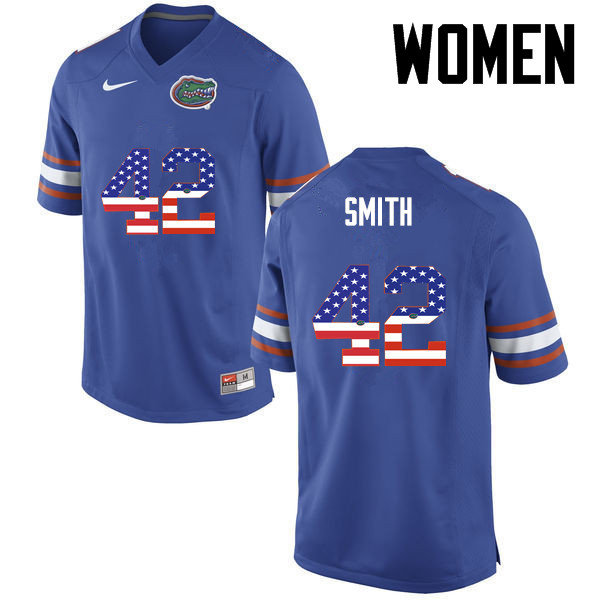 Women Florida Gators #42 Jordan Smith College Football USA Flag Fashion Jerseys-Blue